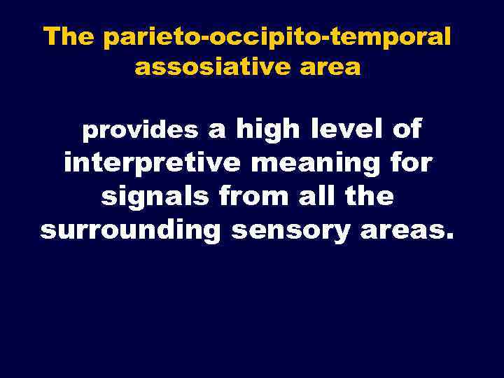 The parieto-occipito-temporal assosiative area provides a high level of interpretive meaning for signals from