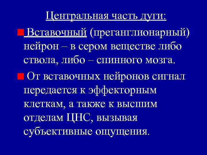 Центральная часть дуги: Вставочный (преганглионарный) нейрон – в сером веществе либо ствола, либо –