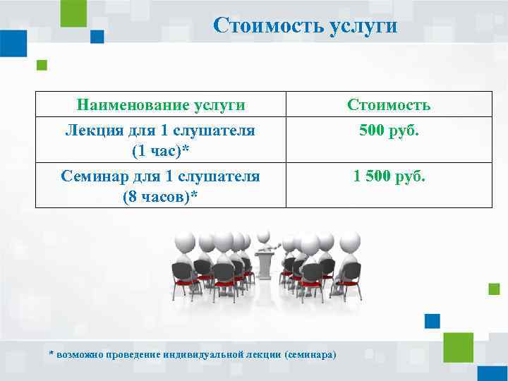 Стоимость услуги Наименование услуги Лекция для 1 слушателя (1 час)* Стоимость 500 руб. Семинар