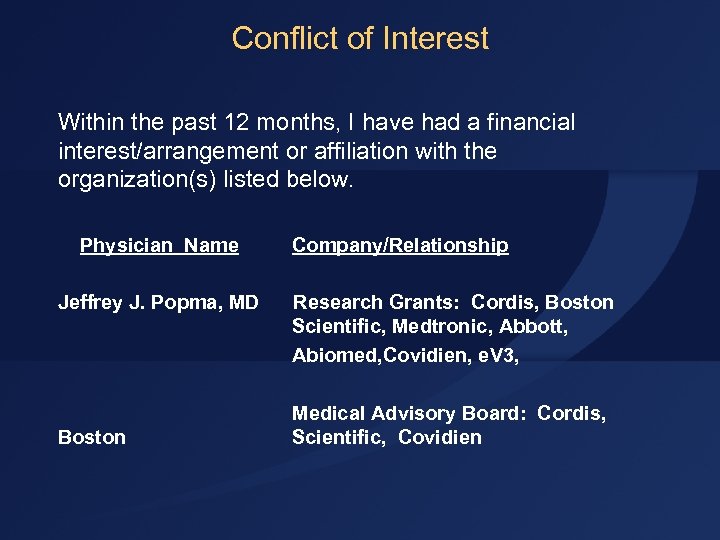 Conflict of Interest Within the past 12 months, I have had a financial interest/arrangement