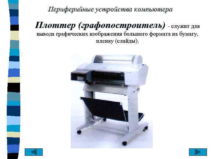 Периферийные устройства компьютера Плоттер (графопостроитель) - служит для вывода графических изображения большого формата на