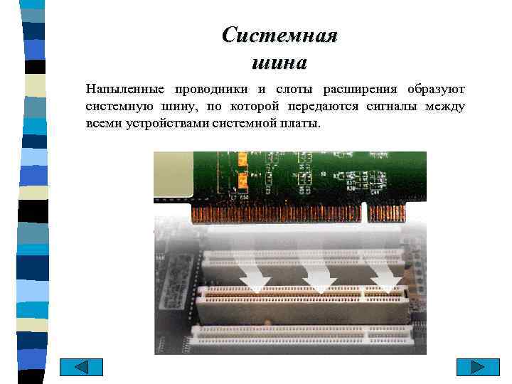 Системная шина Напыленные проводники и слоты расширения образуют системную шину, по которой передаются сигналы