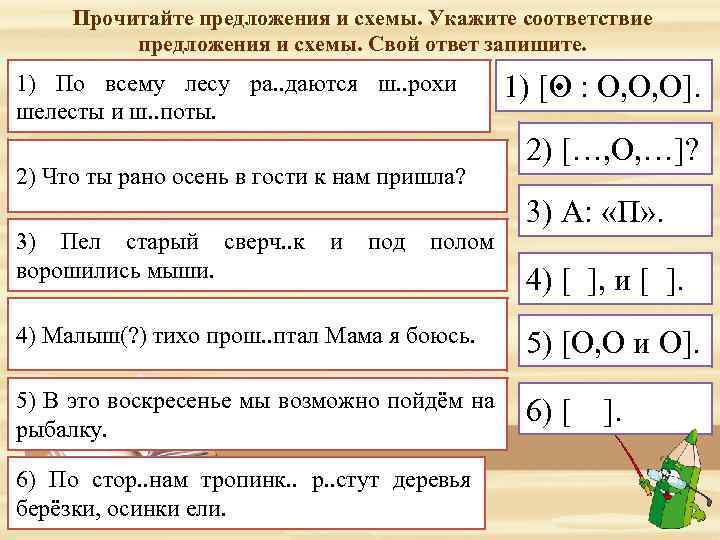 Прочитайте предложения и схемы. Укажите соответствие предложения и схемы. Свой ответ запишите. 1) По