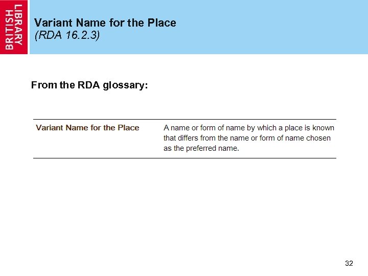 Variant Name for the Place (RDA 16. 2. 3) From the RDA glossary: 32