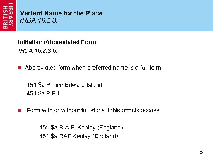 Variant Name for the Place (RDA 16. 2. 3) Initialism/Abbreviated Form (RDA 16. 2.