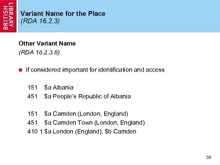 Variant Name for the Place (RDA 16. 2. 3) Other Variant Name (RDA 16.