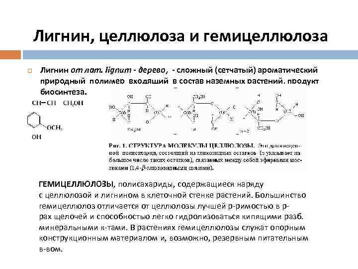 Лигнин, целлюлоза и гемицеллюлоза Лигнин от лат. lignum - дерево, - сложный (сетчатый) ароматический