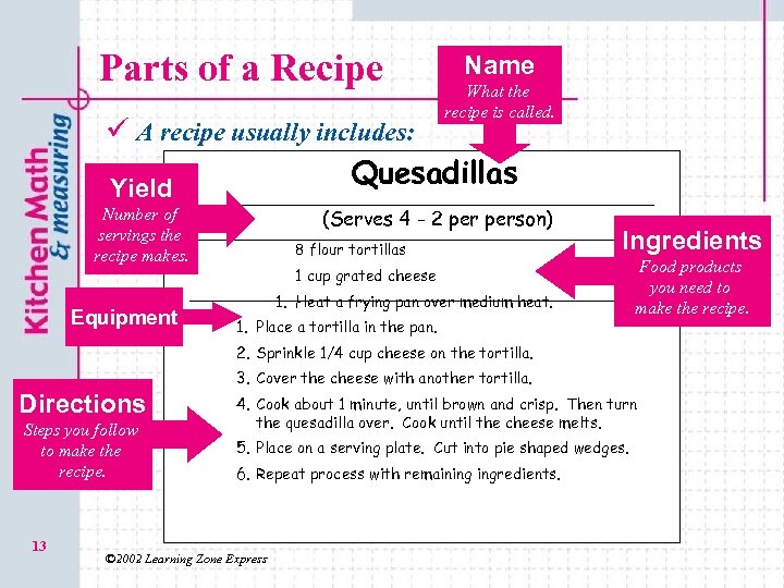 Parts of a Recipe Name What the recipe is called. ü A recipe usually