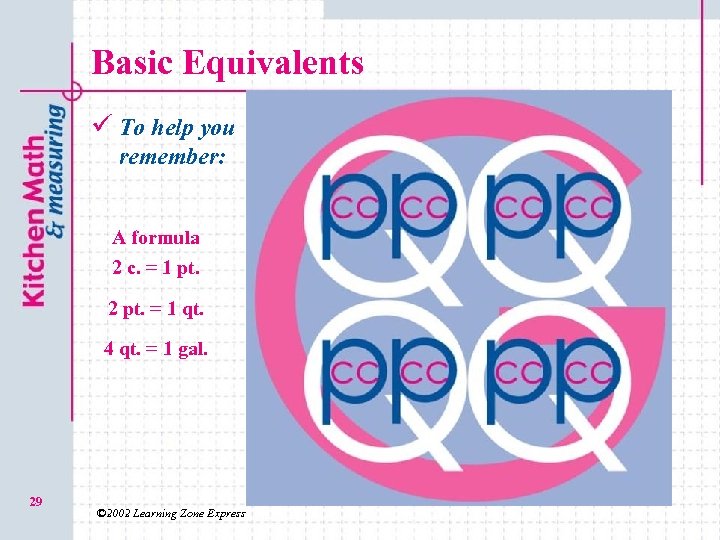 Basic Equivalents ü To help you remember: A formula 2 c. = 1 pt.