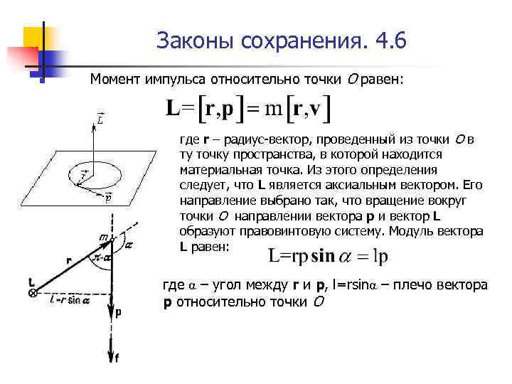 Законы сохранения. 4. 6 n Момент импульса относительно точки О равен: где r –