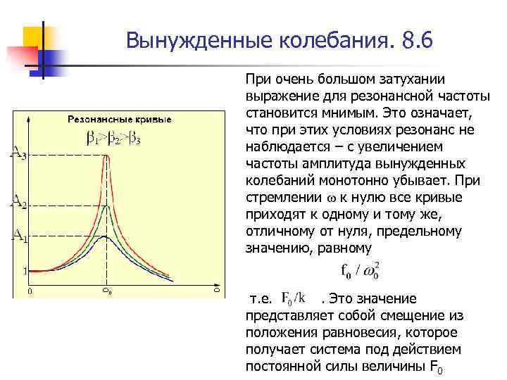 Вынужденные колебания. 8. 6 При очень большом затухании выражение для резонансной частоты становится мнимым.