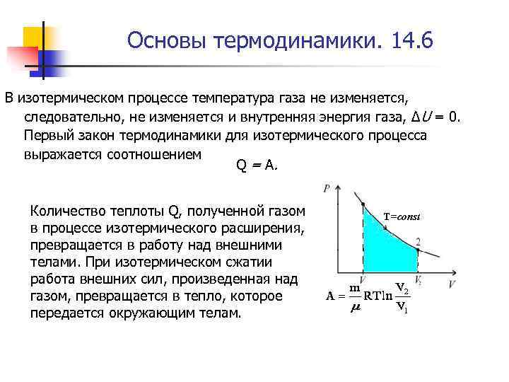 Основы термодинамики. 14. 6 В изотермическом процессе температура газа не изменяется, следовательно, не изменяется
