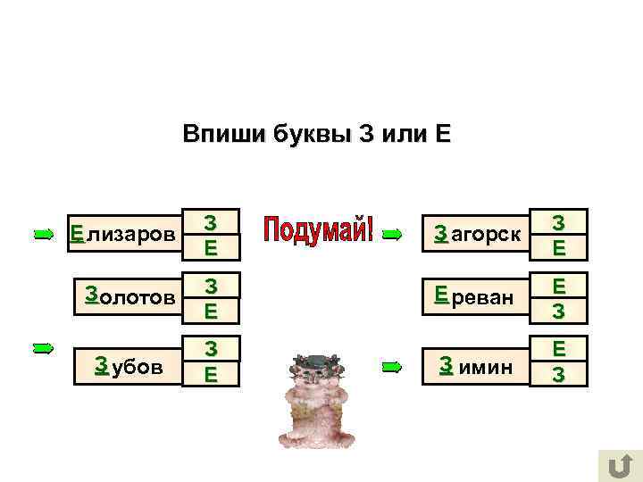 Впиши буквы З или Е Е лизаров. З Е З агорск. З Е З