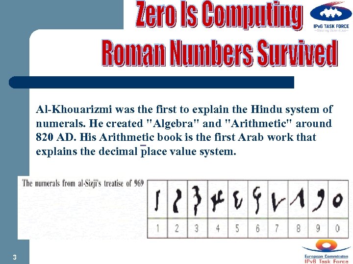  Al-Khouarizmi was the first to explain the Hindu system of numerals. He created