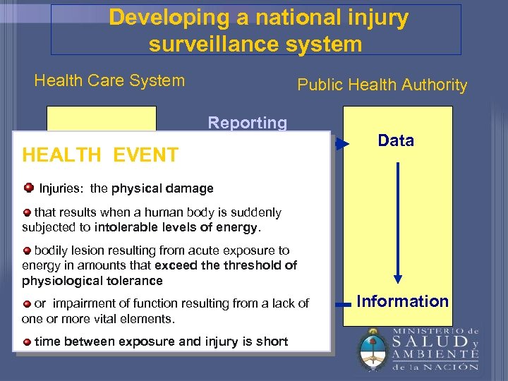Developing a national injury surveillance system Health Care System Public Health Authority Reporting HEALTH