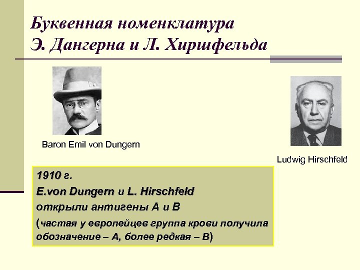 Буквенная номенклатура Э. Дангерна и Л. Хиршфельда Baron Emil von Dungern Ludwig Hirschfeld 1910