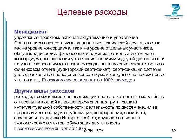 Целевые расходы Менеджмент управление проектом, включая актуализацию и управление Соглашением о консорциуме, управление технической