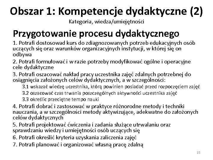 Obszar 1: Kompetencje dydaktyczne (2) Kategoria, wiedza/umiejętności Przygotowanie procesu dydaktycznego 1. Potrafi dostosowad kurs