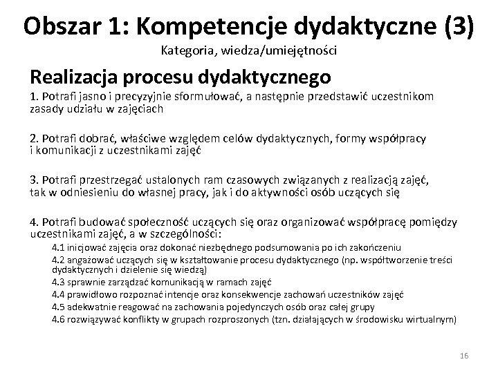 Obszar 1: Kompetencje dydaktyczne (3) Kategoria, wiedza/umiejętności Realizacja procesu dydaktycznego 1. Potrafi jasno i