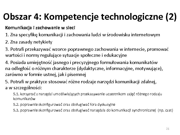 Obszar 4: Kompetencje technologiczne (2) Komunikacja i zachowanie w sieci 1. Zna specyfikę komunikacji