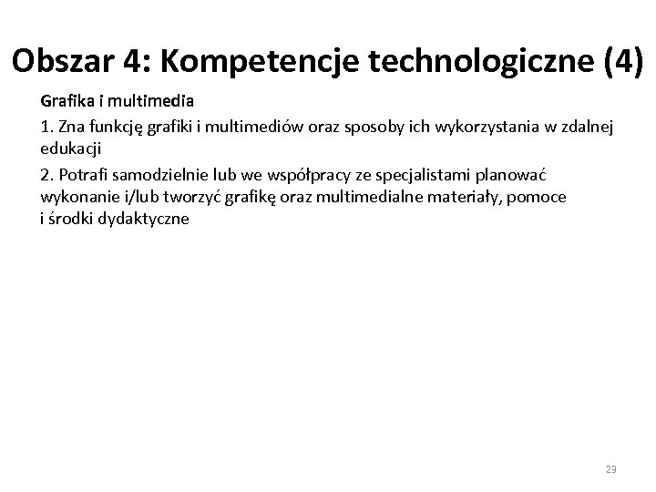 Obszar 4: Kompetencje technologiczne (4) Grafika i multimedia 1. Zna funkcję grafiki i multimediów
