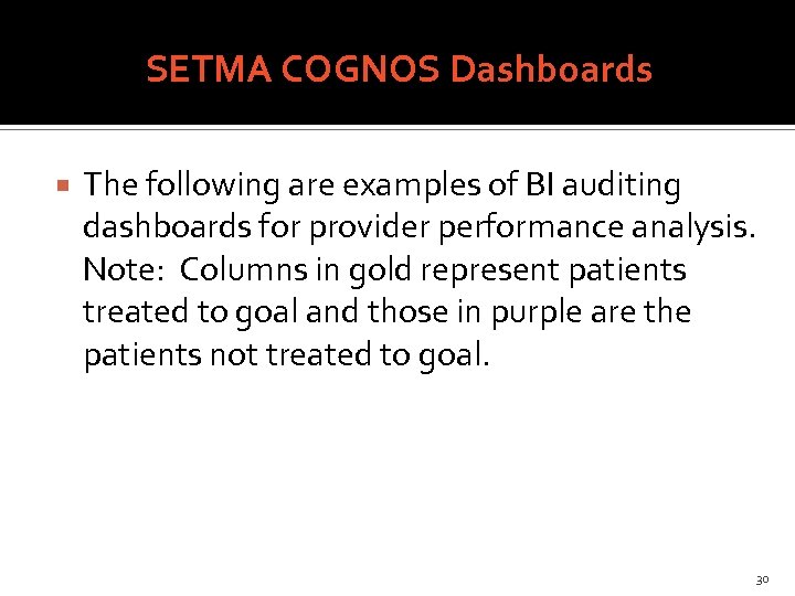 SETMA COGNOS Dashboards The following are examples of BI auditing dashboards for provider performance