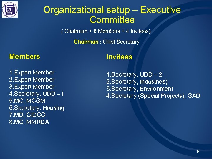 Organizational setup – Executive Committee ( Chairman + 8 Members + 4 Invitees) Chairman