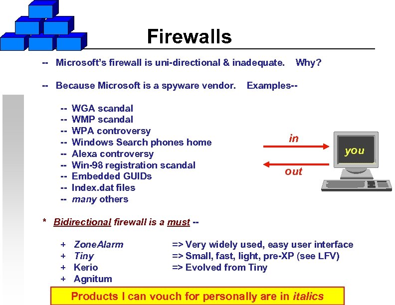 Firewalls -- Microsoft’s firewall is uni-directional & inadequate. -- Because Microsoft is a spyware