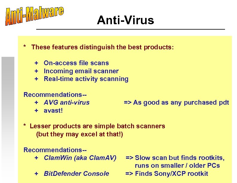 Anti-Virus * These features distinguish the best products: + On-access file scans + Incoming