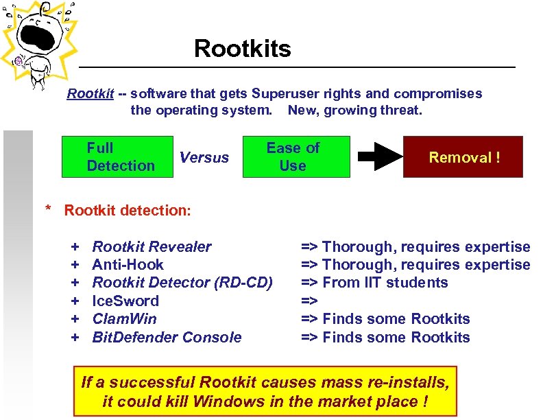 Rootkits Rootkit -- software that gets Superuser rights and compromises the operating system. New,