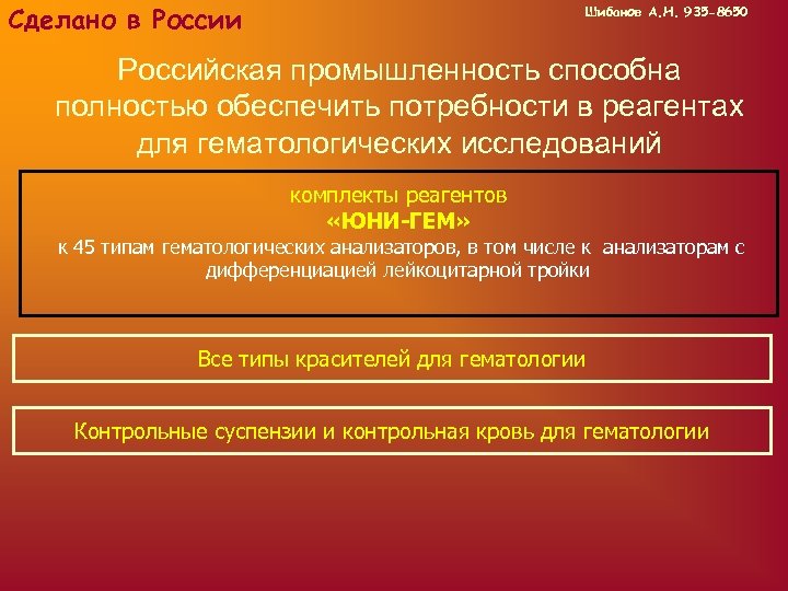 Сделано в России Шибанов А. Н. 935 -8650 Российская промышленность способна полностью обеспечить потребности