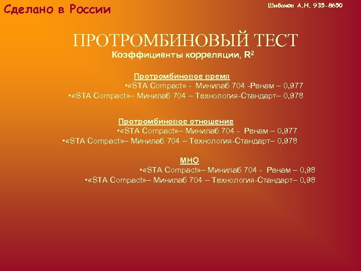 Сделано в России Шибанов А. Н. 935 -8650 ПРОТРОМБИНОВЫЙ ТЕСТ Коэффициенты корреляции, R 2