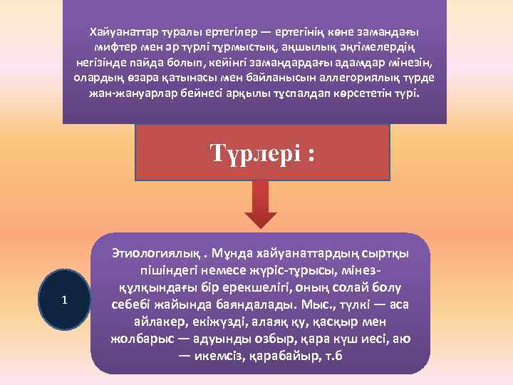 Хайуанаттар туралы ертегілер — ертегінің көне замандағы мифтер мен әр түрлі тұрмыстық, аңшылық әңгімелердің