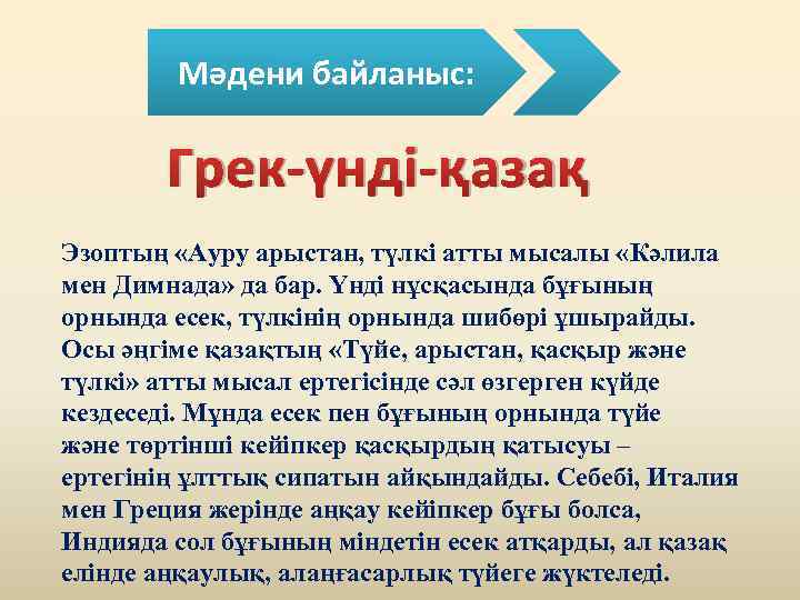 Мәдени байланыс: Грек-үнді-қазақ Эзоптың «Ауру арыстан, түлкі атты мысалы «Кәлила мен Димнада» да бар.