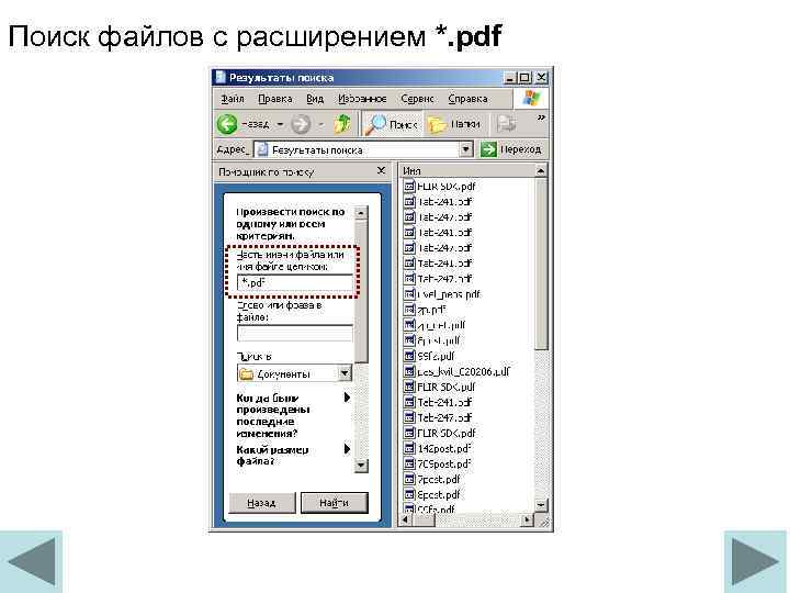 Поиск файлов с расширением *. pdf 