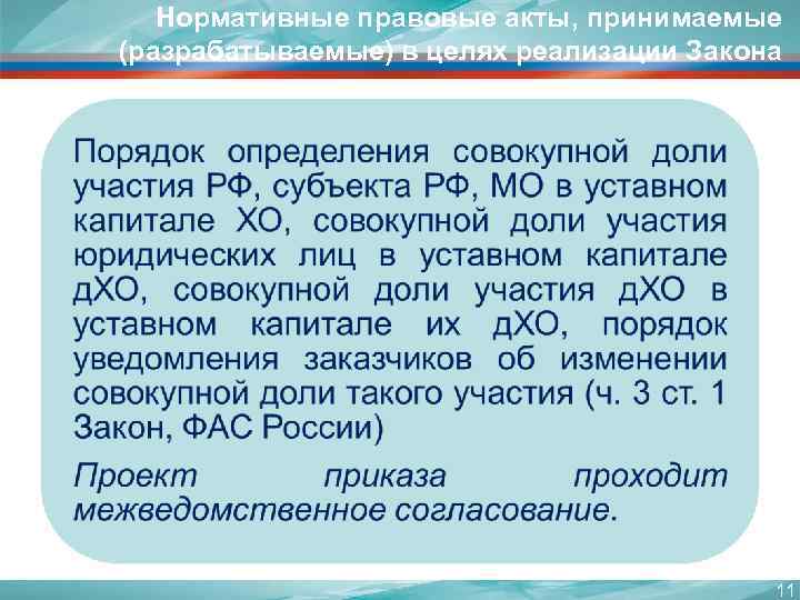 Нормативные правовые акты, принимаемые (разрабатываемые) в целях реализации Закона 11 