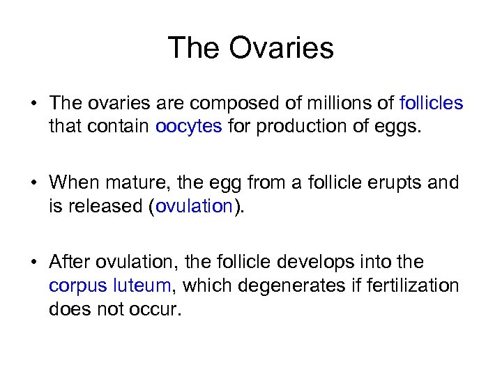 The Ovaries • The ovaries are composed of millions of follicles that contain oocytes
