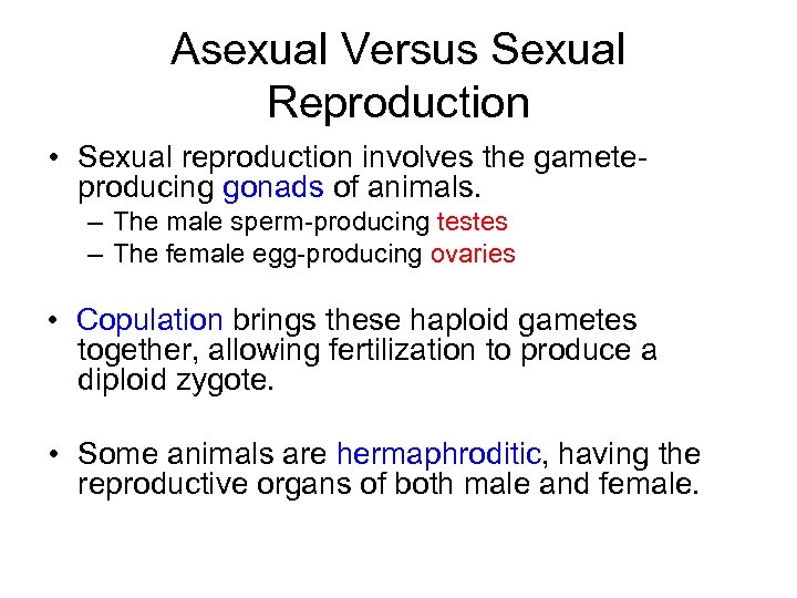 Asexual Versus Sexual Reproduction • Sexual reproduction involves the gameteproducing gonads of animals. –