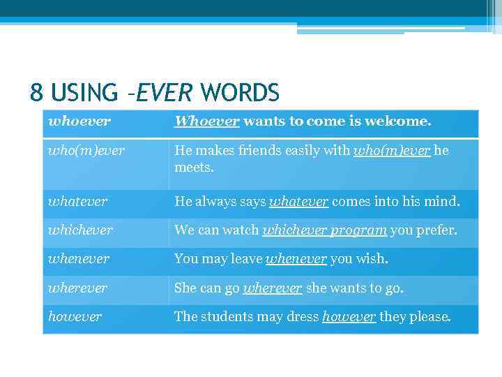 8 USING –EVER WORDS whoever Whoever wants to come is welcome. who(m)ever He makes