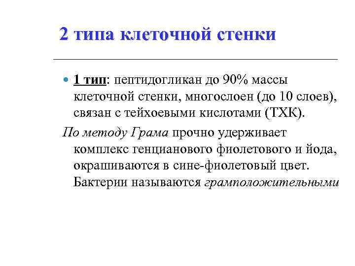 2 типа клеточной стенки 1 тип: пептидогликан до 90% массы клеточной стенки, многослоен (до