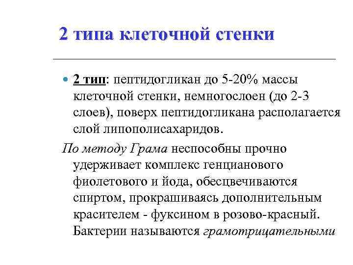 2 типа клеточной стенки 2 тип: пептидогликан до 5 -20% массы клеточной стенки, немногослоен