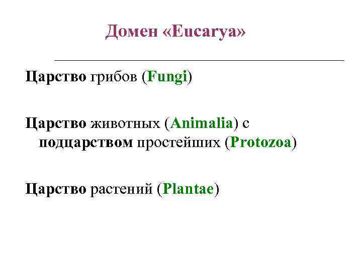 Домен «Eucarya» Царство грибов (Fungi) Царство животных (Animalia) с подцарством простейших (Protozoa) Царство растений