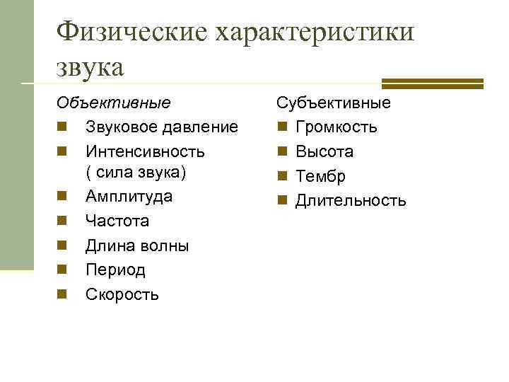 Физические характеристики звука Объективные Субъективные n Звуковое давление n Громкость n Интенсивность Высота n