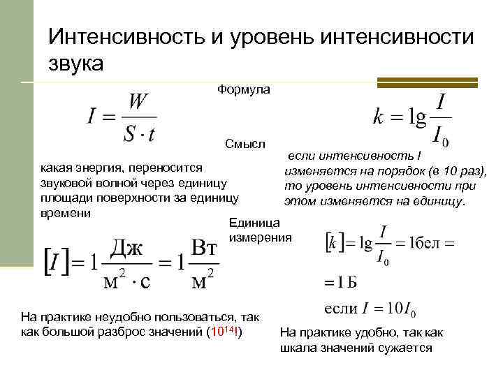 Интенсивность и уровень интенсивности звука Формула Смысл если интенсивность I изменяется на порядок (в