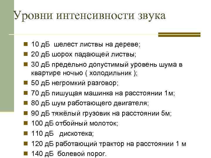 Уровни интенсивности звука n 10 д. Б шелест листвы на дереве; n 20 д.