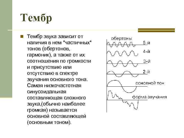 Тембр n Тембр звука зависит от наличия в нем 