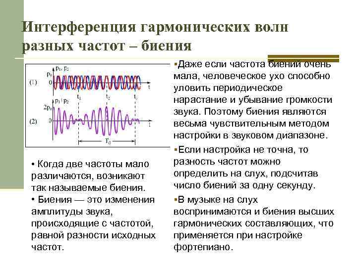 Интерференция гармонических волн разных частот – биения §Даже если частота биений очень • Когда