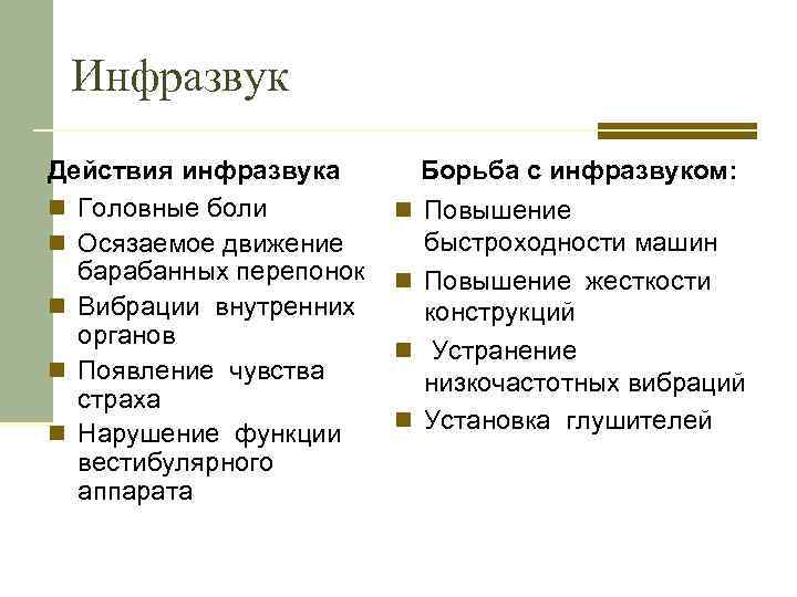 Инфразвук Действия инфразвука n Головные боли n Осязаемое движение барабанных перепонок n Вибрации внутренних