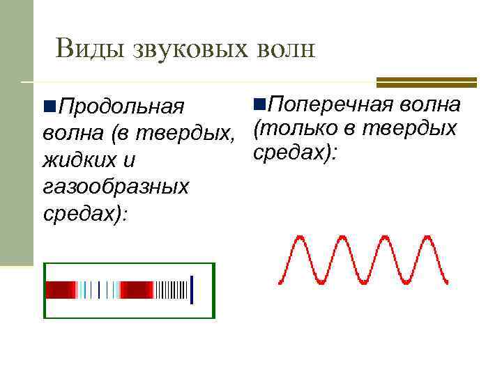 Виды звуковых волн n. Продольная n. Поперечная волна (в твердых, (только в твердых средах):