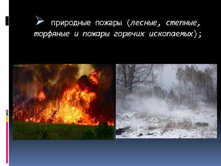 Ø природные пожары (лесные, степные, торфяные и пожары горючих ископаемых); 